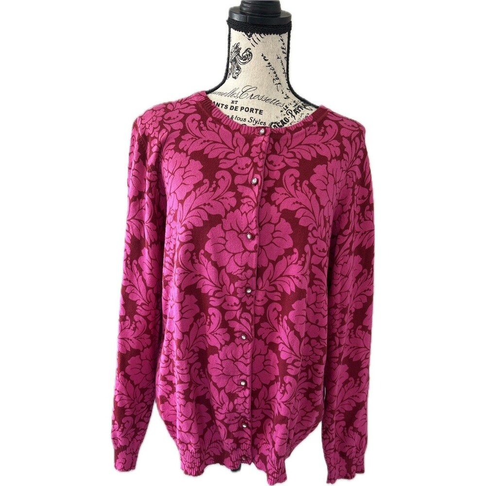 Isaac Mizrahi Live Women's Cardigan Sz XL Damask Pink Cottage Soft Glam Coastal